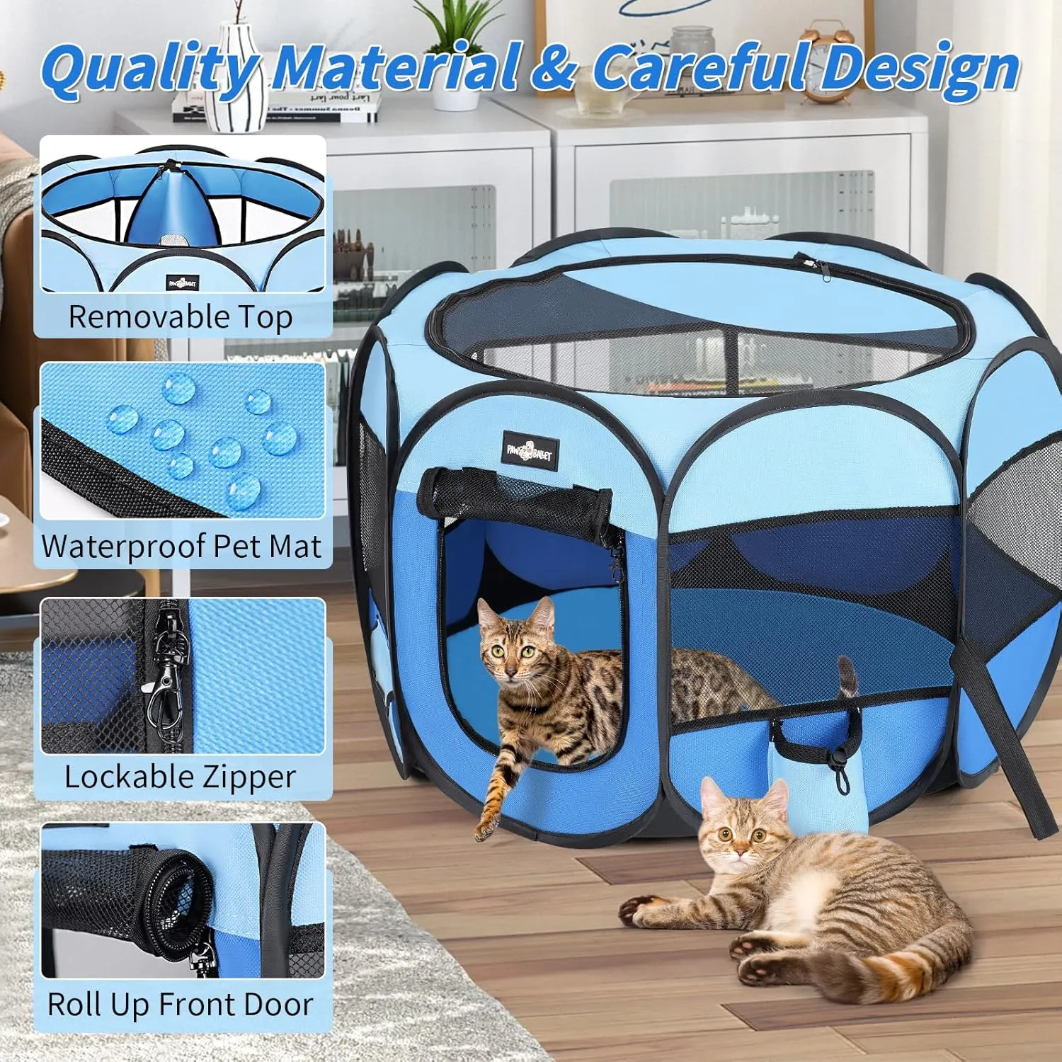 Foldable Pet Cat Playpen, Portable Pet Dog Playp en for Small Dog Cat, Puppy Kitten Pen with Free Carrying Case & Waterproof Pad, Pop up Pet Playpen for Indoor Outdoor Use