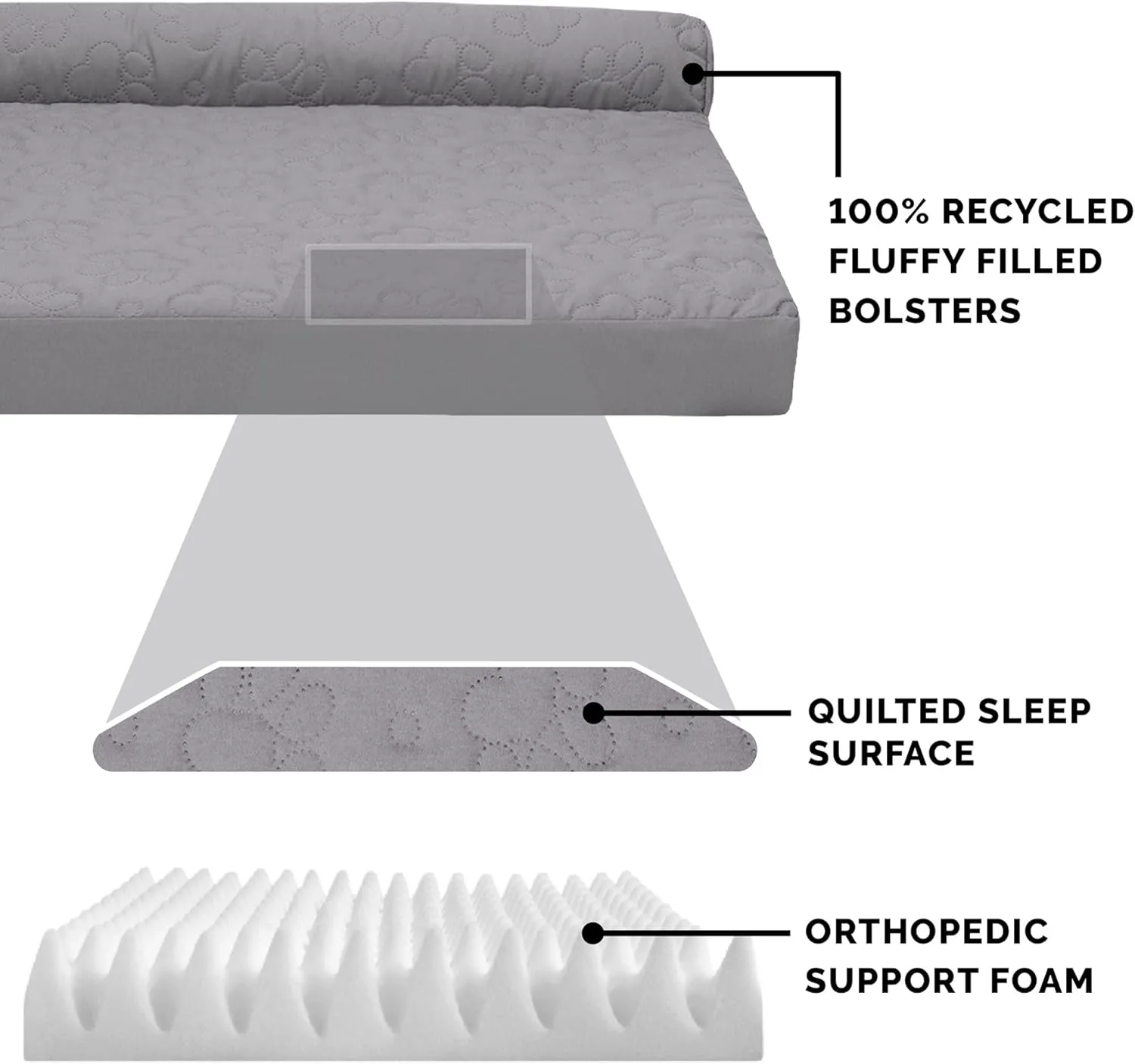 Furhaven Orthopedic Dog Bed for Large/Medium Dogs w/ Removable Bolsters & Washable Cover, For Dogs Up to 55 lbs - Pinsonic Quilted Paw L Shaped Chaise - Titanium, Large