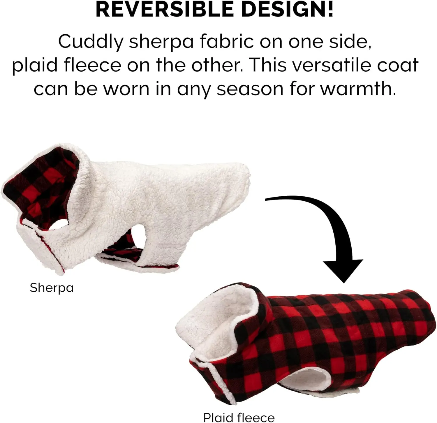 Furhaven Reversible XS Dog Coat, Washable & Insulating w/ Leash Access - Sherpa & Plaid Fleece Flex-Fit Jacket - Cream/Red, Extra Small
