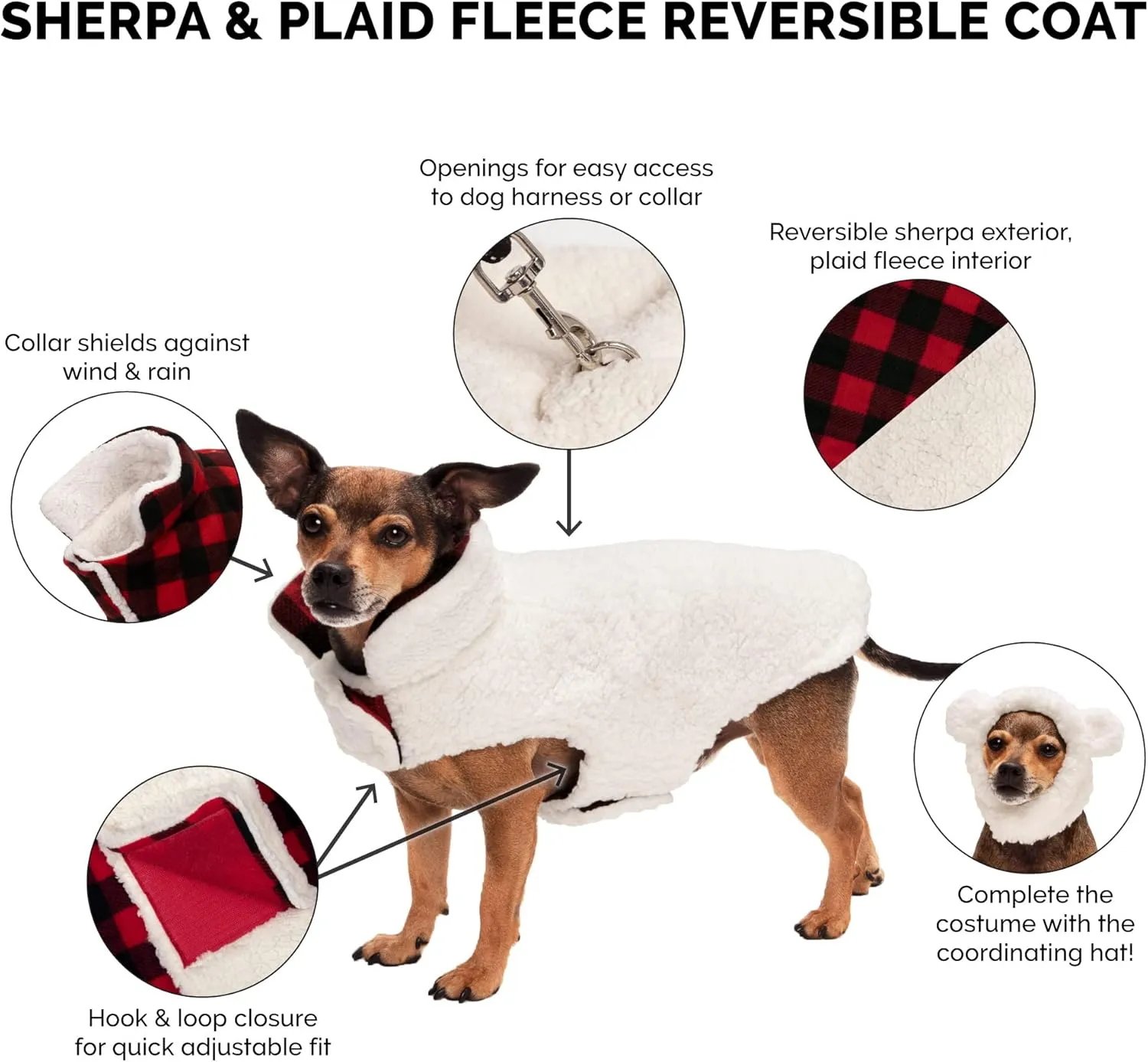 Furhaven Reversible XS Dog Coat, Washable & Insulating w/ Leash Access - Sherpa & Plaid Fleece Flex-Fit Jacket - Cream/Red, Extra Small