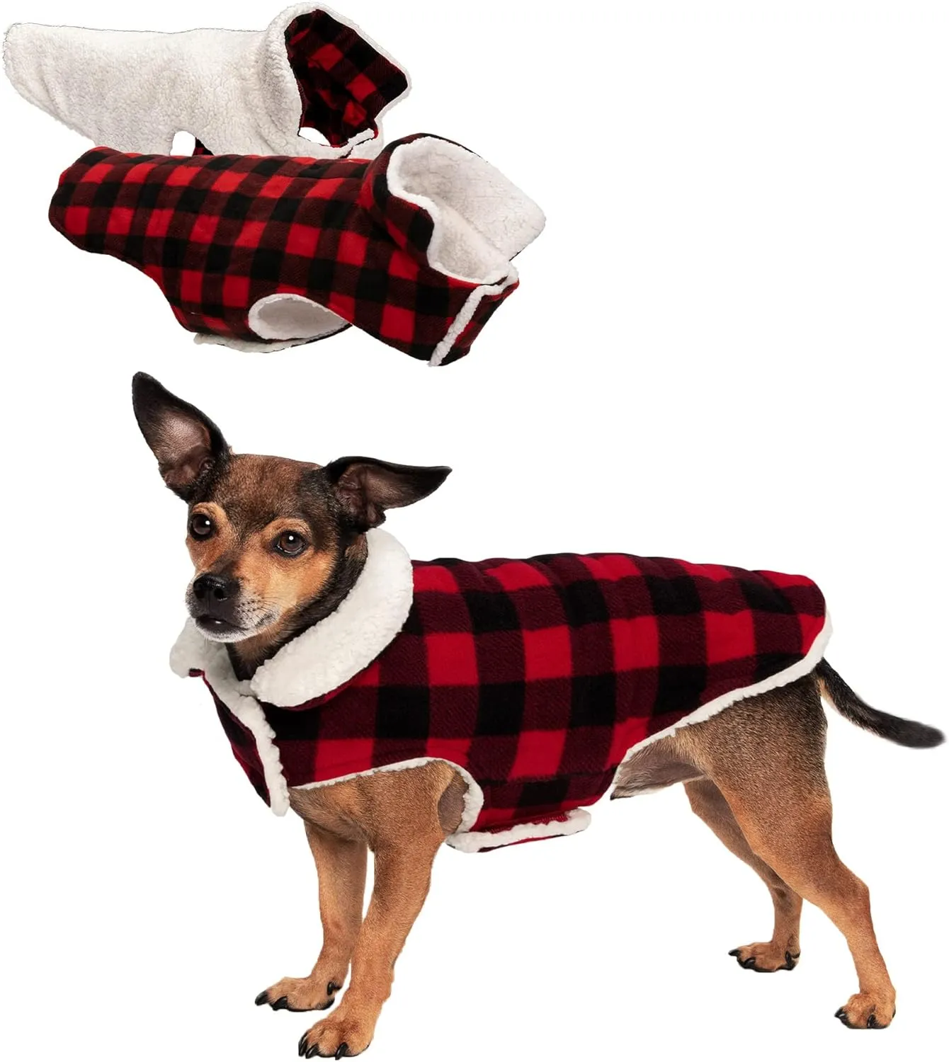 Furhaven Reversible XS Dog Coat, Washable & Insulating w/ Leash Access - Sherpa & Plaid Fleece Flex-Fit Jacket - Cream/Red, Extra Small
