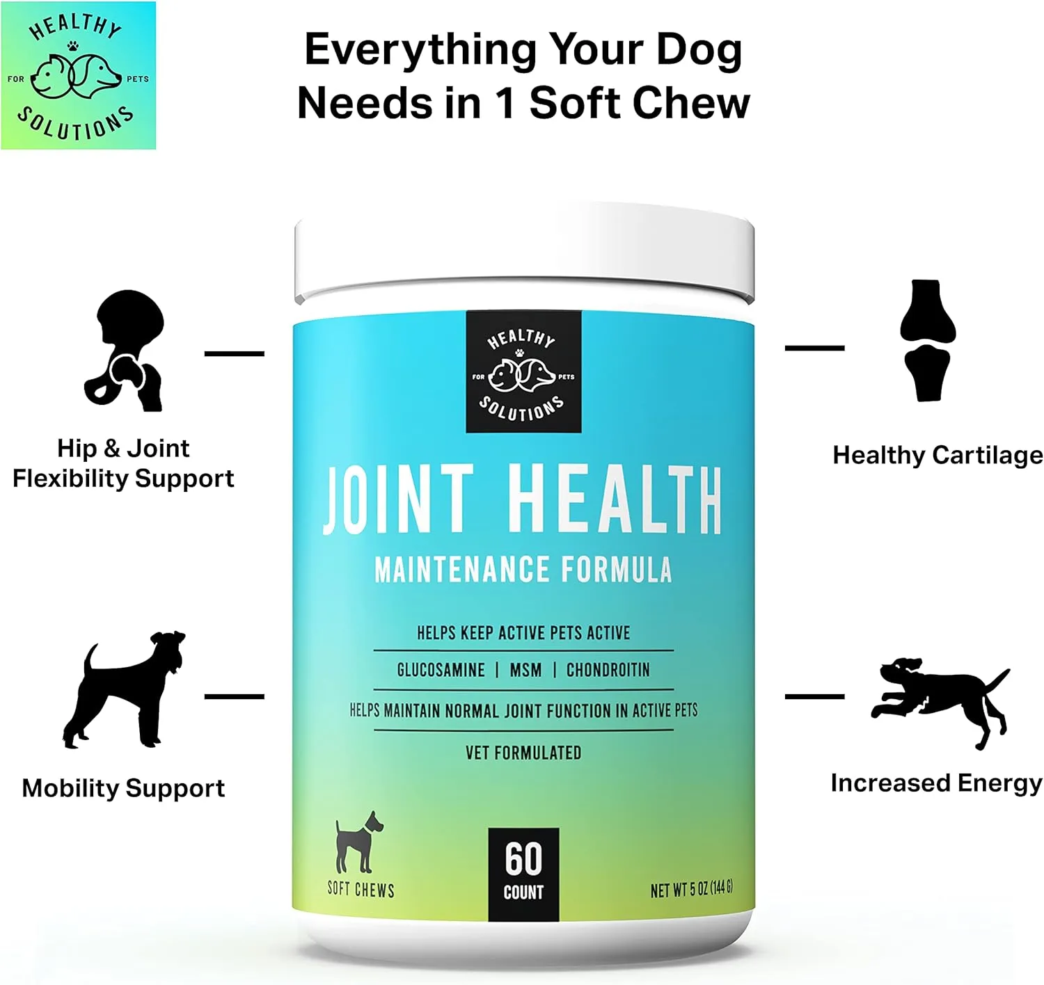Glucosamine for Dogs - Maintenance Dog Hip & Joint Supplement with Chondroitin, MSM, & Hyaluronic Acid - 60 Soft Joint Health Chews - Made in USA