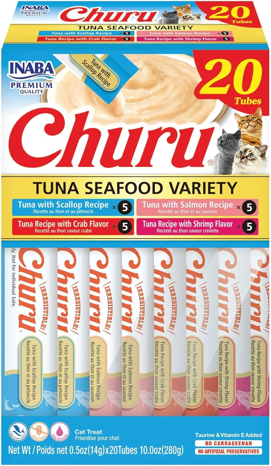 INABA Churu Cat Treats, Lickable, Squeezable Creamy Pure Cat Treat with Green Tea Extract & Taurine, 0.5 Ounces Each Tube, 20 Tubes, Tuna & Seafood Variety Box