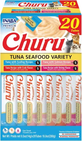 INABA Churu Cat Treats, Lickable, Squeezable Creamy Pure Cat Treat with Green Tea Extract & Taurine, 0.5 Ounces Each Tube, 20 Tubes, Tuna & Seafood Variety Box