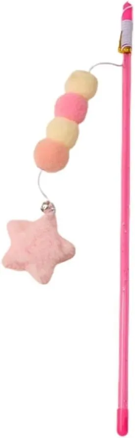 Interactive Cat Toy Wand with Feather Attachment - Durable Elastic Cord and Ergonomic Handle for Indoor Play, Bite-Resistant Design Stimulates Exercise (Pink Plush Ball and Star Pendant)