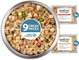 JustFoodForDogs Frozen Fresh Dog Food Topper Starter Pack, Beef & Turkey Human Grade Dog Food Recipes, 5.5 oz (Pack of 9)