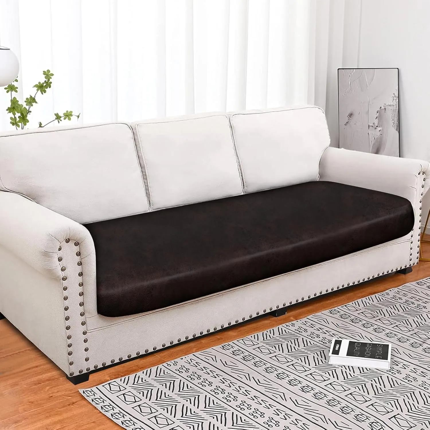 Leather Like Couch Cushion Covers Sofa Slipcovers Sets Couches Furniture Protector Covers for Sectional Armchair Loveseat Stretch Spandex Fabric, Machine Washable (1 Cushion Sofa, Chocolate)