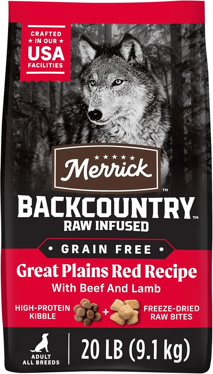 Merrick Backcountry Grain Free Dry Adult Dog Food Kibble With Freeze Dried Raw Pieces, Great Plains Red Recipe - 20.0 lb. Bag