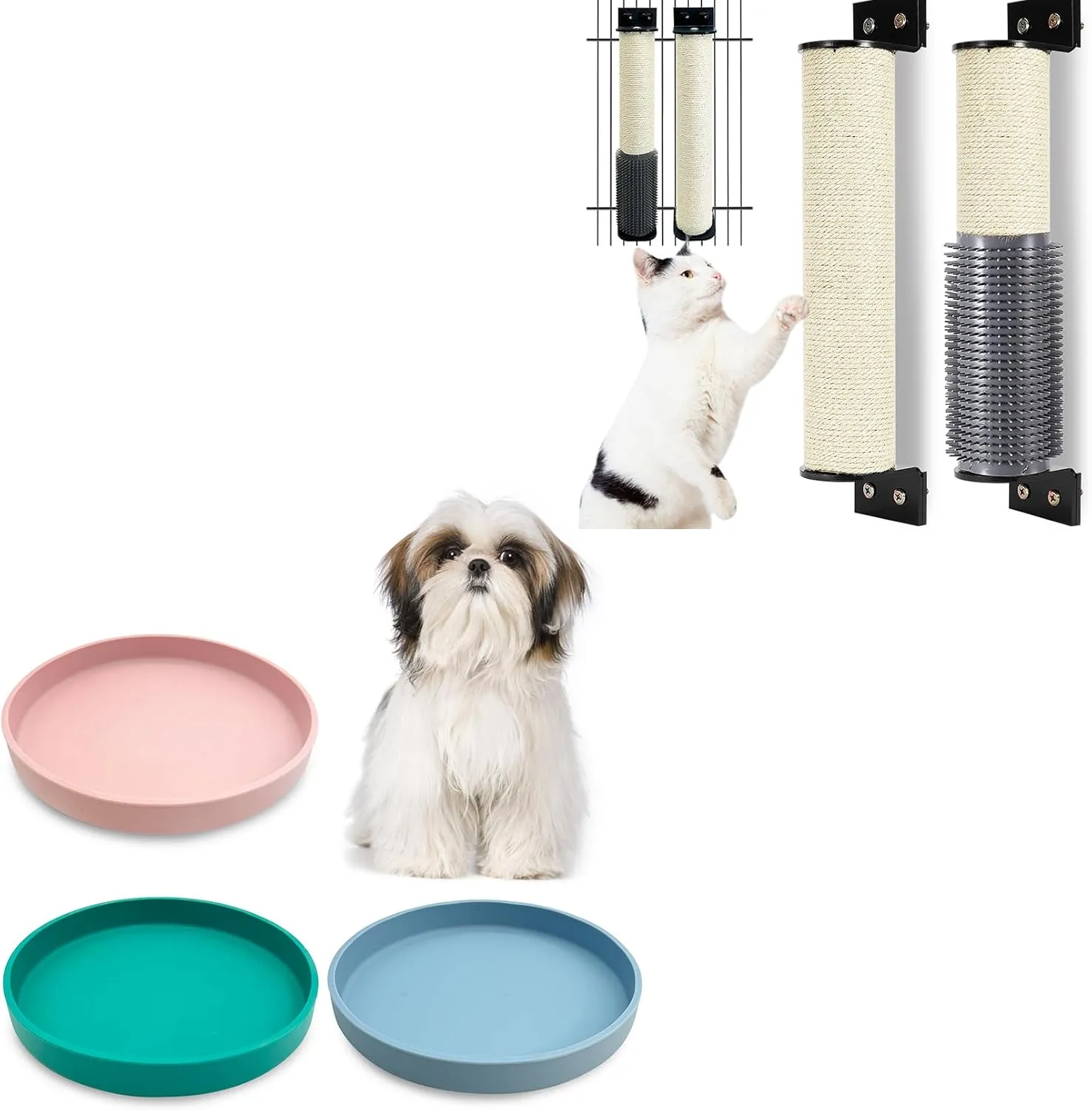 Silicone Cat Bowl Set of 3 with Cat Scratching Post Wall Mounted 2 Pack Cage Mount Cat Scratcher 2-in-1 Natural Sisal Kitty Scratch Posts with Self Groomer Massager for Scratch and Climbing