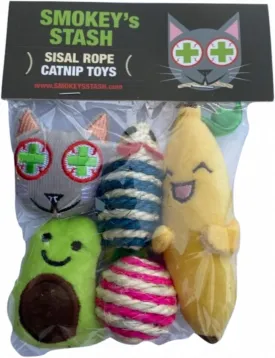 Smokey's Stash Catnip Filled Banana, Avocado, and Smokey Cat Toys with Sisal Mouse and Ball for Cats