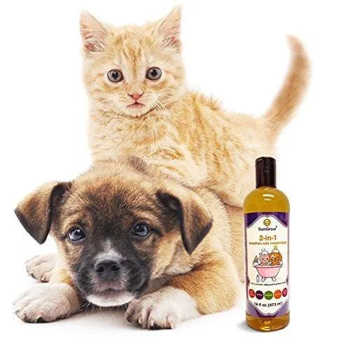 SunGrow Vet Trusted Pet Pet Shampoo Plus Conditioner for Cats/Dogs - 2-in-1 100% Organic, Medicinal - Essential Oil Extracts - Enriched with Aloe Vera/Coconut - 16 oz