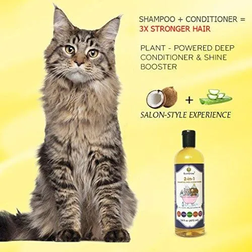 SunGrow Vet Trusted Pet Pet Shampoo Plus Conditioner for Cats/Dogs - 2-in-1 100% Organic, Medicinal - Essential Oil Extracts - Enriched with Aloe Vera/Coconut - 16 oz