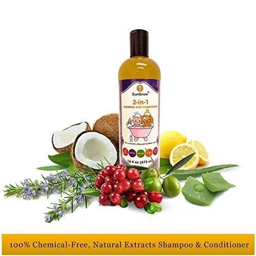 SunGrow Vet Trusted Pet Pet Shampoo Plus Conditioner for Cats/Dogs - 2-in-1 100% Organic, Medicinal - Essential Oil Extracts - Enriched with Aloe Vera/Coconut - 16 oz