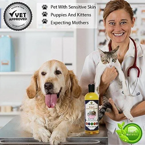 SunGrow Vet Trusted Pet Pet Shampoo Plus Conditioner for Cats/Dogs - 2-in-1 100% Organic, Medicinal - Essential Oil Extracts - Enriched with Aloe Vera/Coconut - 16 oz