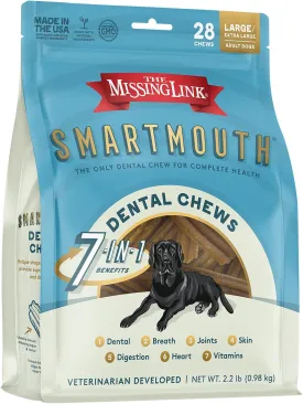 The Missing Link Smartmouth Vet Developed Dental Chew Treats, 7-in-1 Benefits: Healthy Teeth & Gums, Breath, Skin, Joints, Digestion, Heart, Immune System  Large/Extra Large 50-100lb  Dogs, 28 Ct
