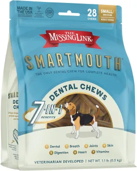 The Missing Link Smartmouth Vet Developed Dental Chew Treats, 7-in-1 Benefits: Healthy Teeth & Gums, Breath, Skin, Joints, Digestion, Heart, Immune System  Small/Medium 15-50lb Dogs, 28 Ct
