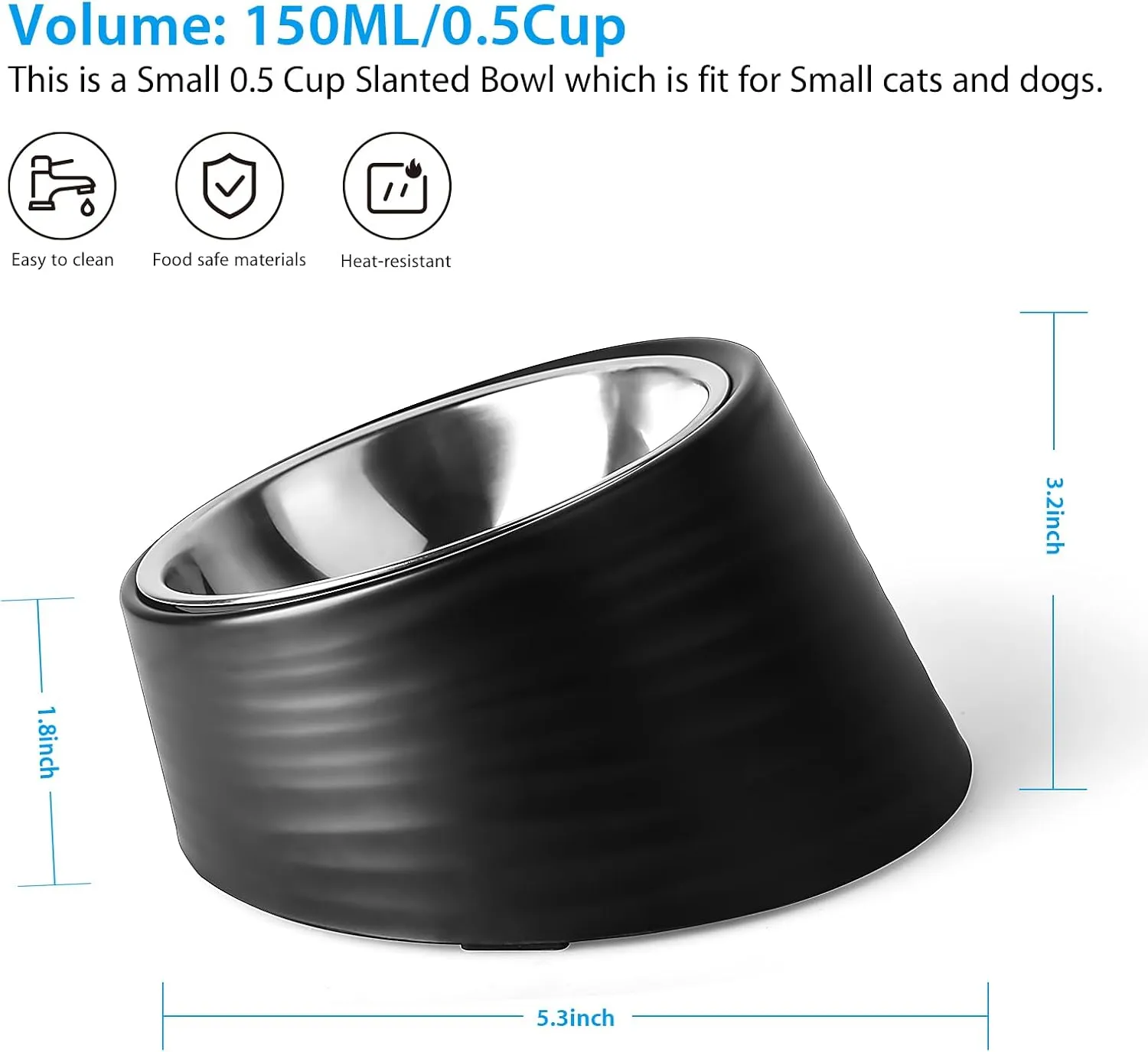Tilted Angle Dog Bowl, 15 Slanted Stainless Steel Dog Cat Food Bowl, Non-Slip & Non-Spill Pet Feeder with Elevated Detachable Melamine Stand, Easy to Get Food Dish, Small 0.5 Cup Black
