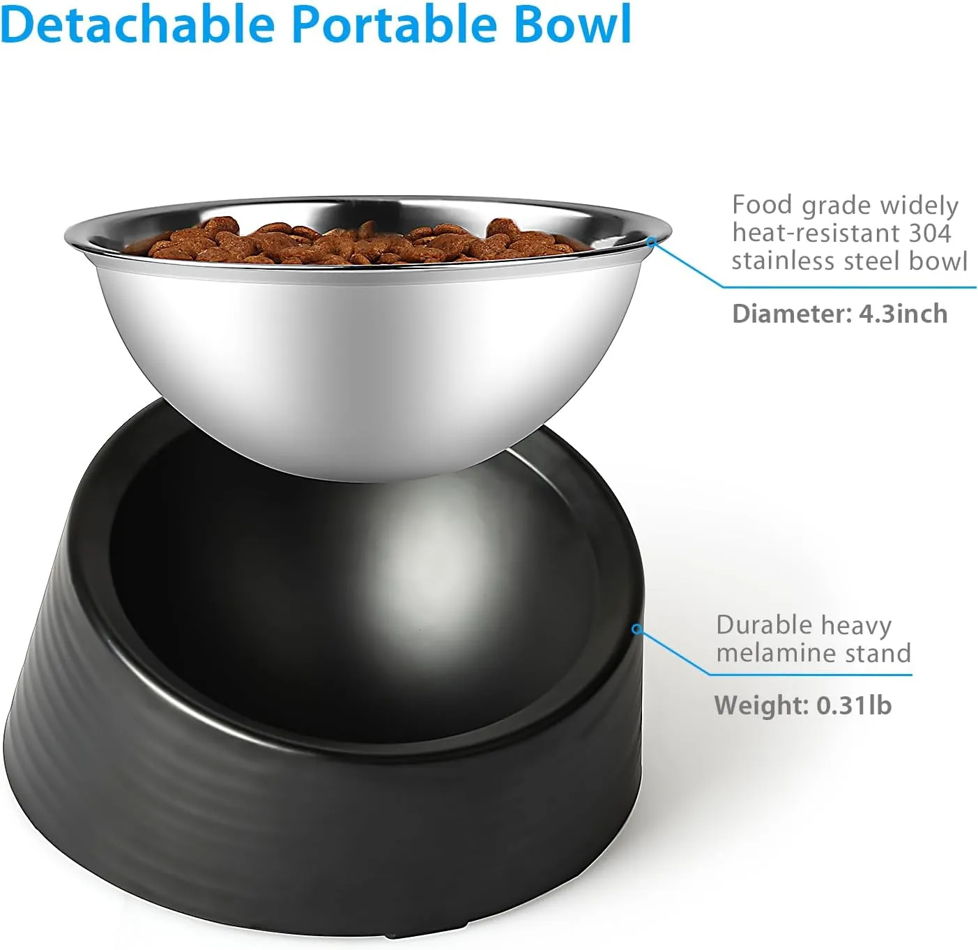 Tilted Angle Dog Bowl, 15 Slanted Stainless Steel Dog Cat Food Bowl, Non-Slip & Non-Spill Pet Feeder with Elevated Detachable Melamine Stand, Easy to Get Food Dish, Small 0.5 Cup Black