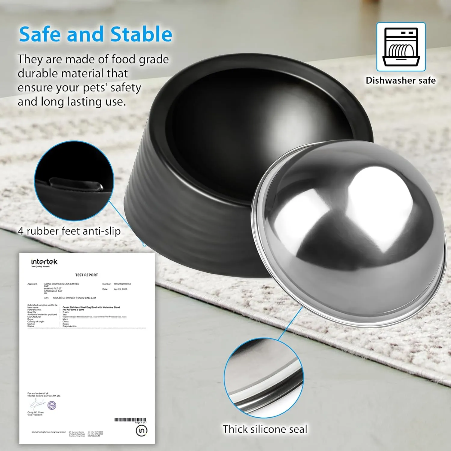 Tilted Angle Dog Bowl, 15 Slanted Stainless Steel Dog Cat Food Bowl, Non-Slip & Non-Spill Pet Feeder with Elevated Detachable Melamine Stand, Easy to Get Food Dish, Small 0.5 Cup Black