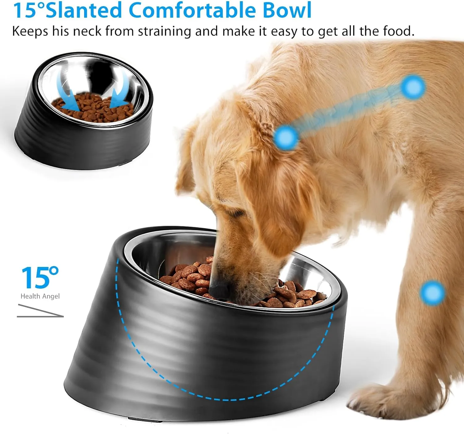 Tilted Angle Dog Bowl, 15 Slanted Stainless Steel Dog Cat Food Bowl, Non-Slip & Non-Spill Pet Feeder with Elevated Detachable Melamine Stand, Easy to Get Food Dish, Small 0.5 Cup Black