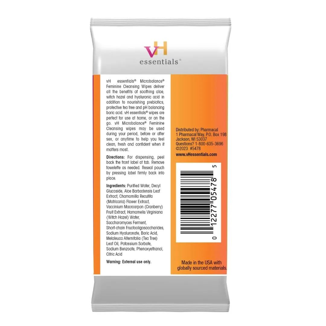vH essentials Feminine Cleansing Wipes - pH Balanced, Prebiotics, Tea Tree & Aloe, Soothing Witch Hazel, Odor-Blocking Formula, Vaginal and Perianal Care, Paraben, Alcohol, and Fragrance-Free