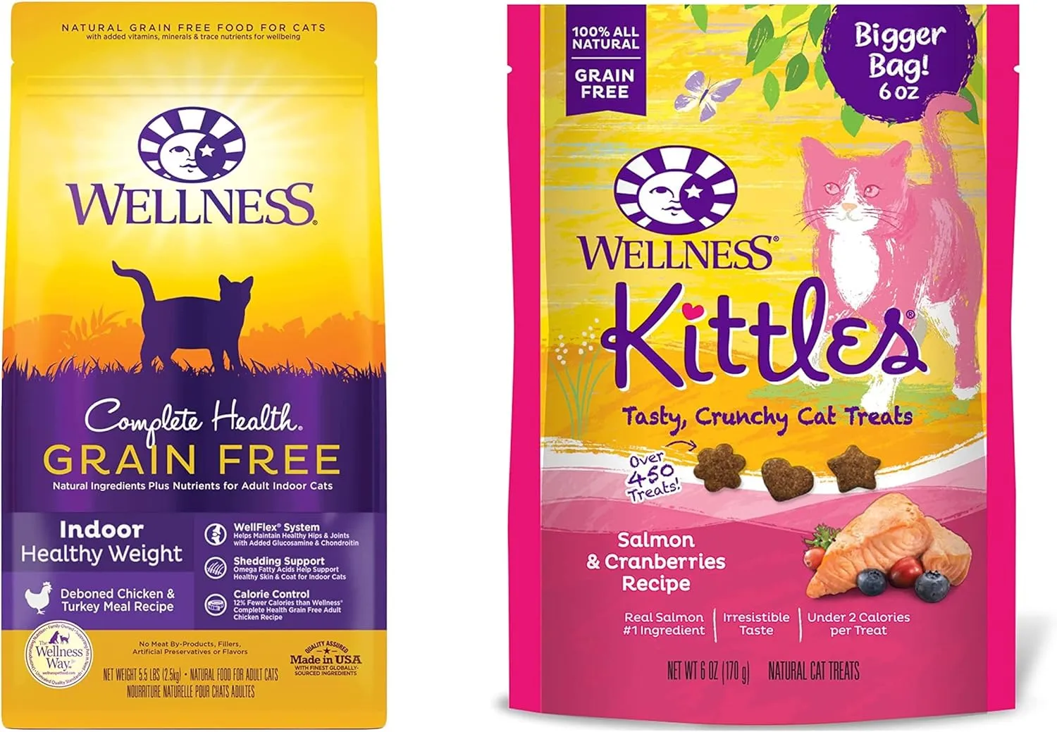 Wellness Complete Health Grain-Free Indoor Healthy Weight Dry Cat Food, 5.5 Pound Bag Bundle Kittles Natural Grain Free Cat Treats (Chicken, 2 Pack)