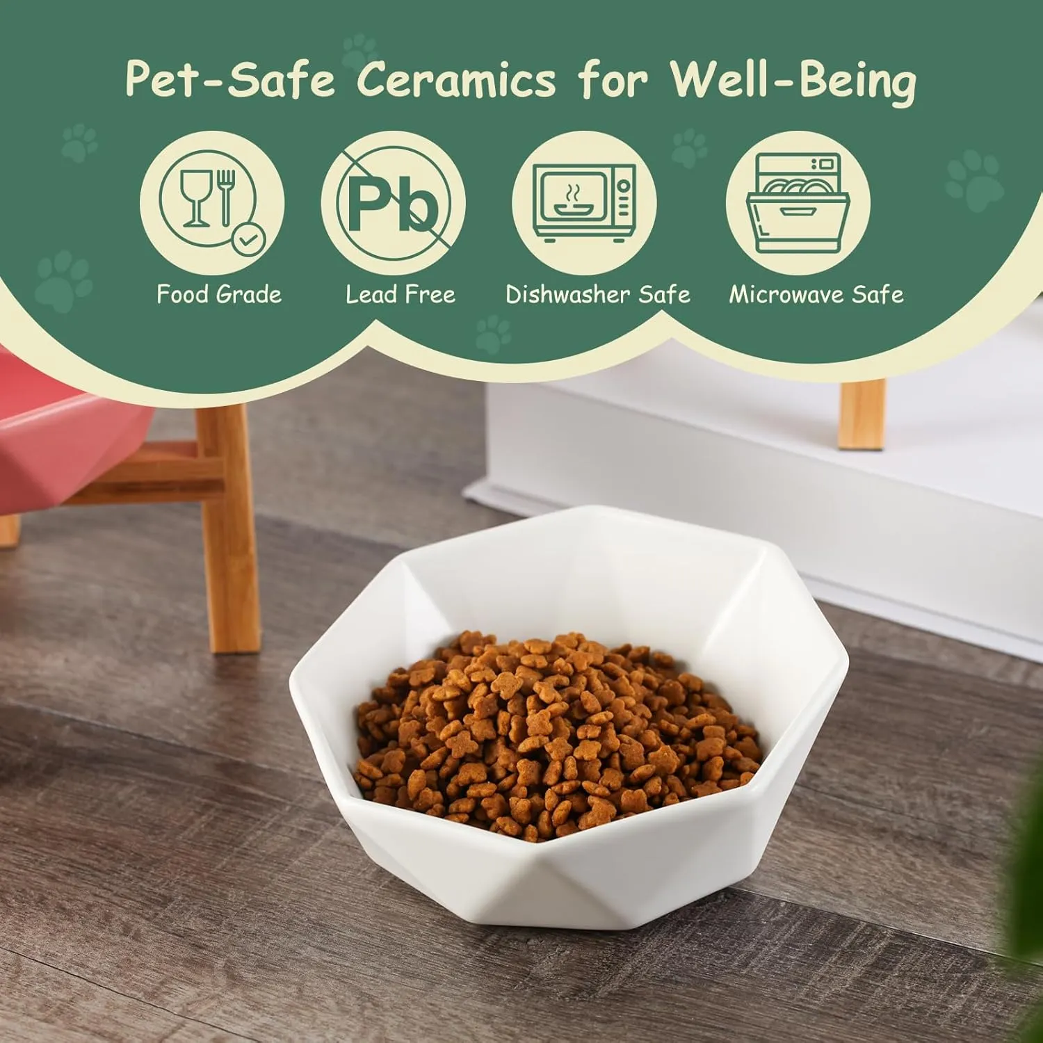 White with Stand Ceramic Tilted Elevated Raised Pet Bowl with Bamboo Stand for Cats and Dogs No Spill Pet Food Water Feeder