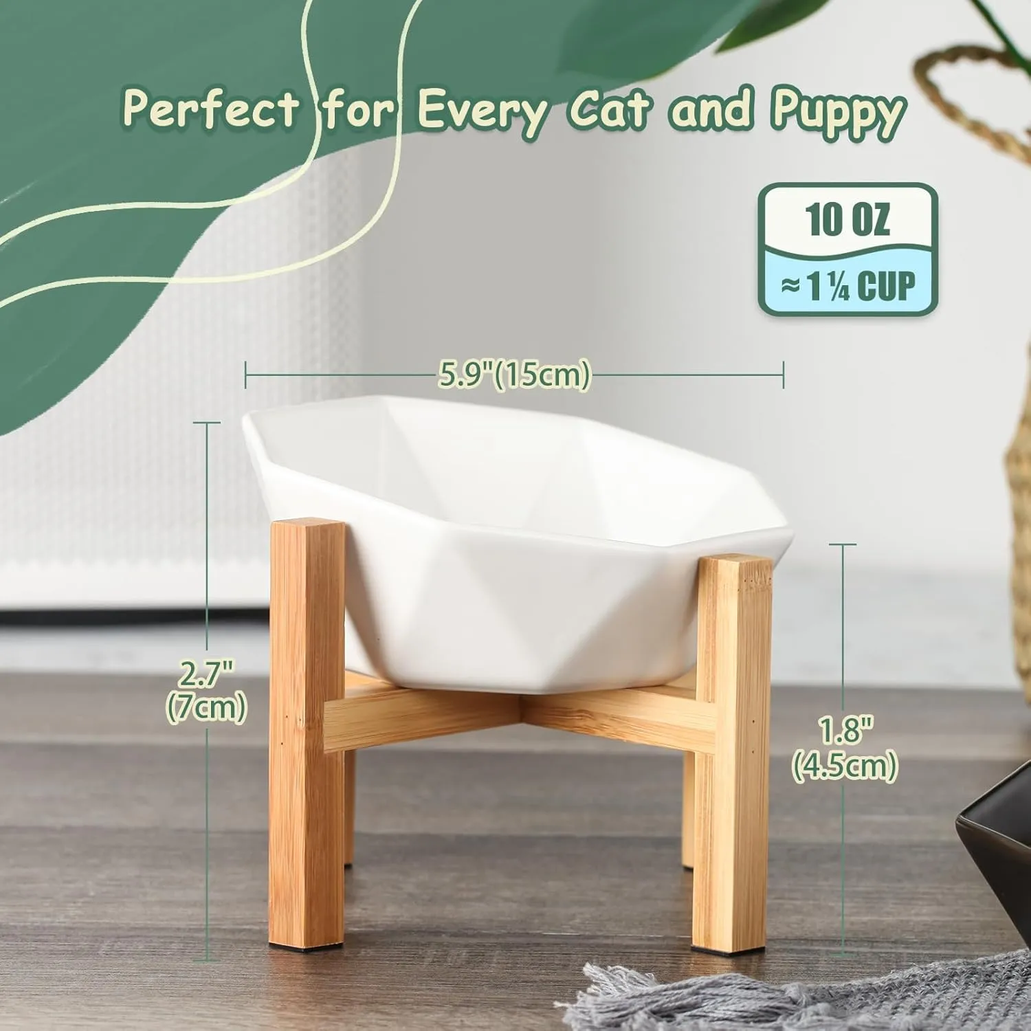 White with Stand Ceramic Tilted Elevated Raised Pet Bowl with Bamboo Stand for Cats and Dogs No Spill Pet Food Water Feeder