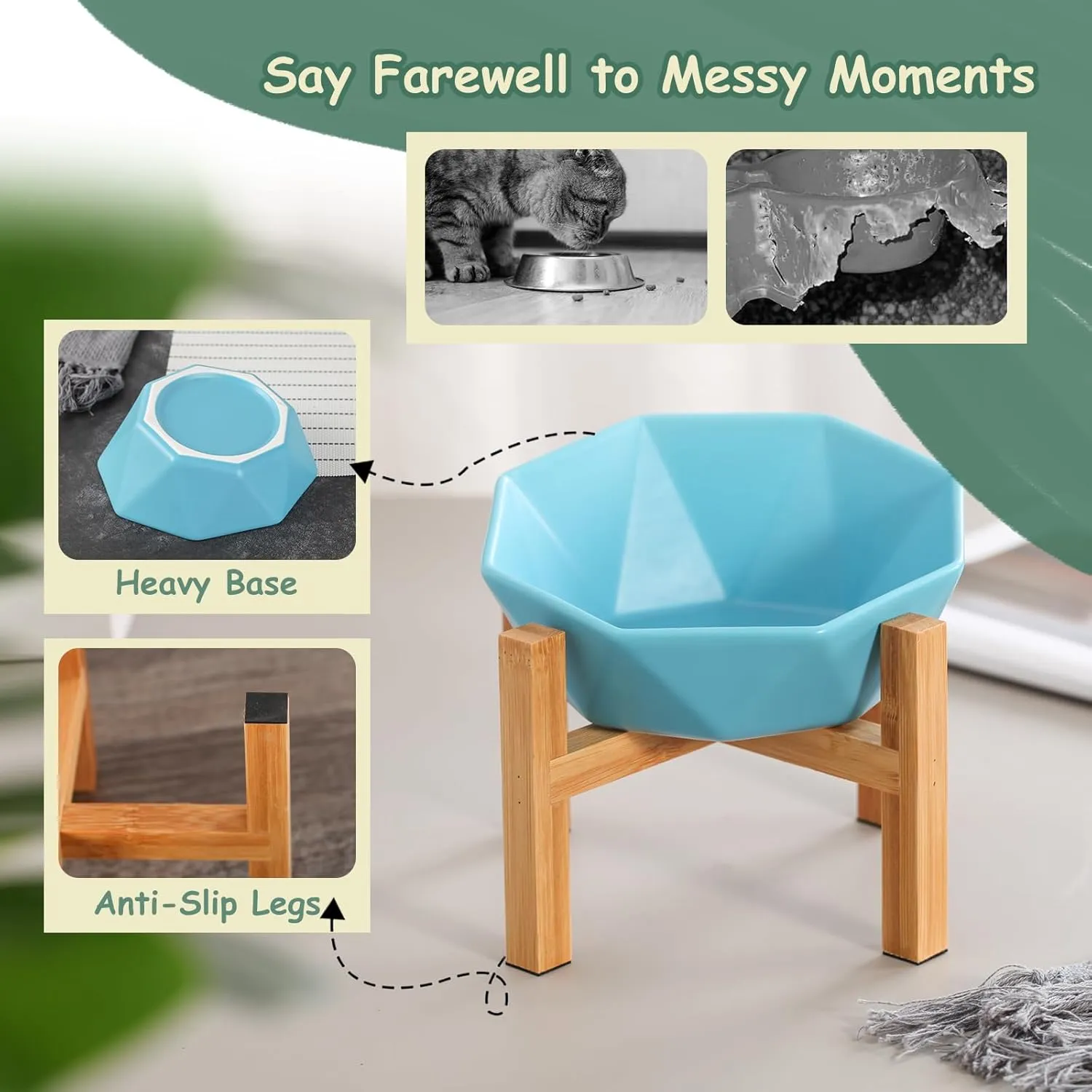 White with Stand Ceramic Tilted Elevated Raised Pet Bowl with Bamboo Stand for Cats and Dogs No Spill Pet Food Water Feeder