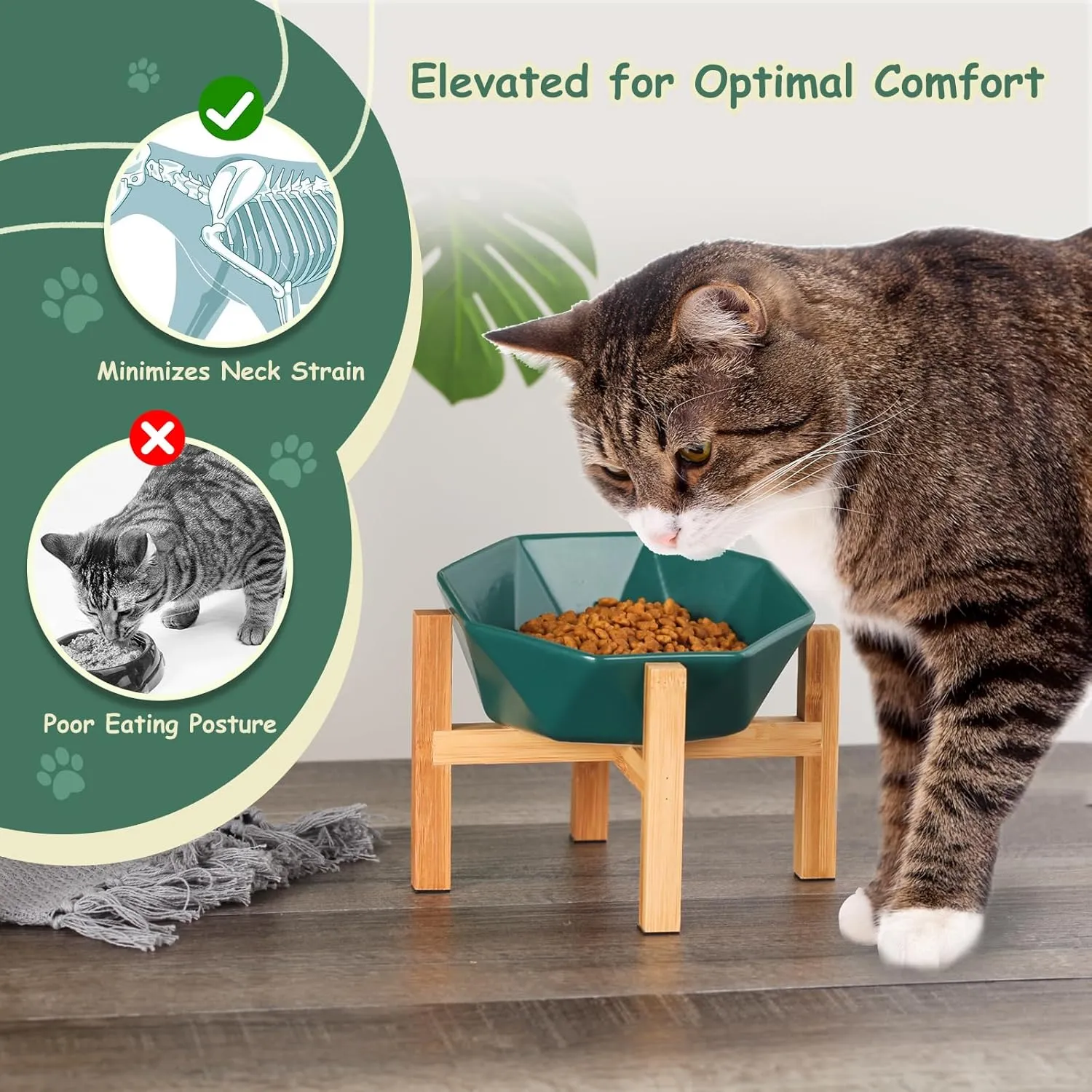 White with Stand Ceramic Tilted Elevated Raised Pet Bowl with Bamboo Stand for Cats and Dogs No Spill Pet Food Water Feeder
