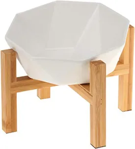 White with Stand Ceramic Tilted Elevated Raised Pet Bowl with Bamboo Stand for Cats and Dogs No Spill Pet Food Water Feeder